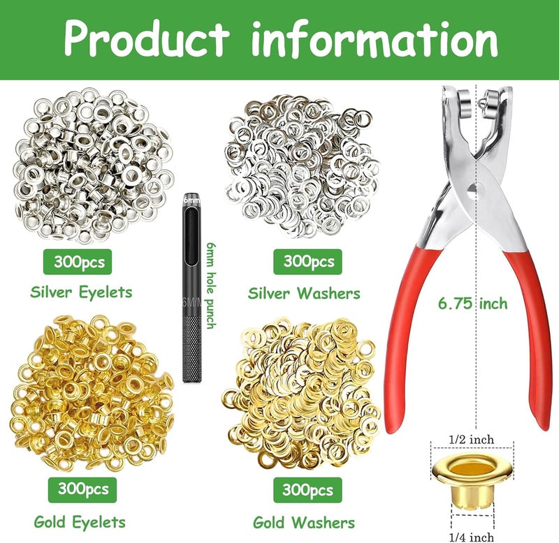 NXTOV 1200Pcs Grommet Tool Kit with Eyelet Pliers, 1/4 Inch 6mm(Inside Diameter) Grommet Eyelet Pliers Kit with Washers, and Hole Punch Hand Press kit (300Set Silver + 300Set Gold) - Image 2